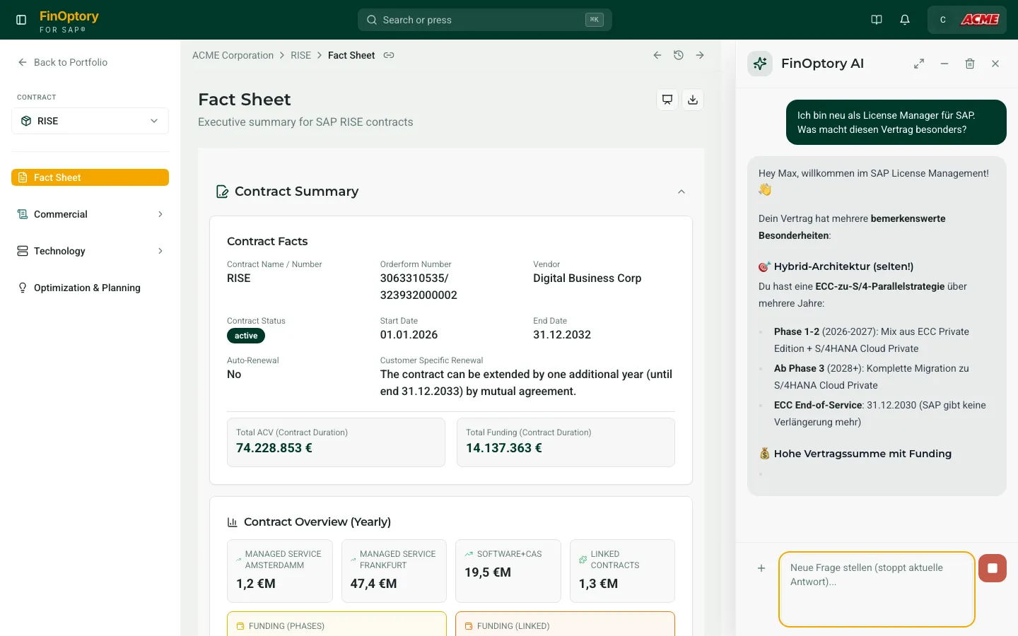 FinOptory AI — Fragen zum SAP-Vertrag in natürlicher Sprache