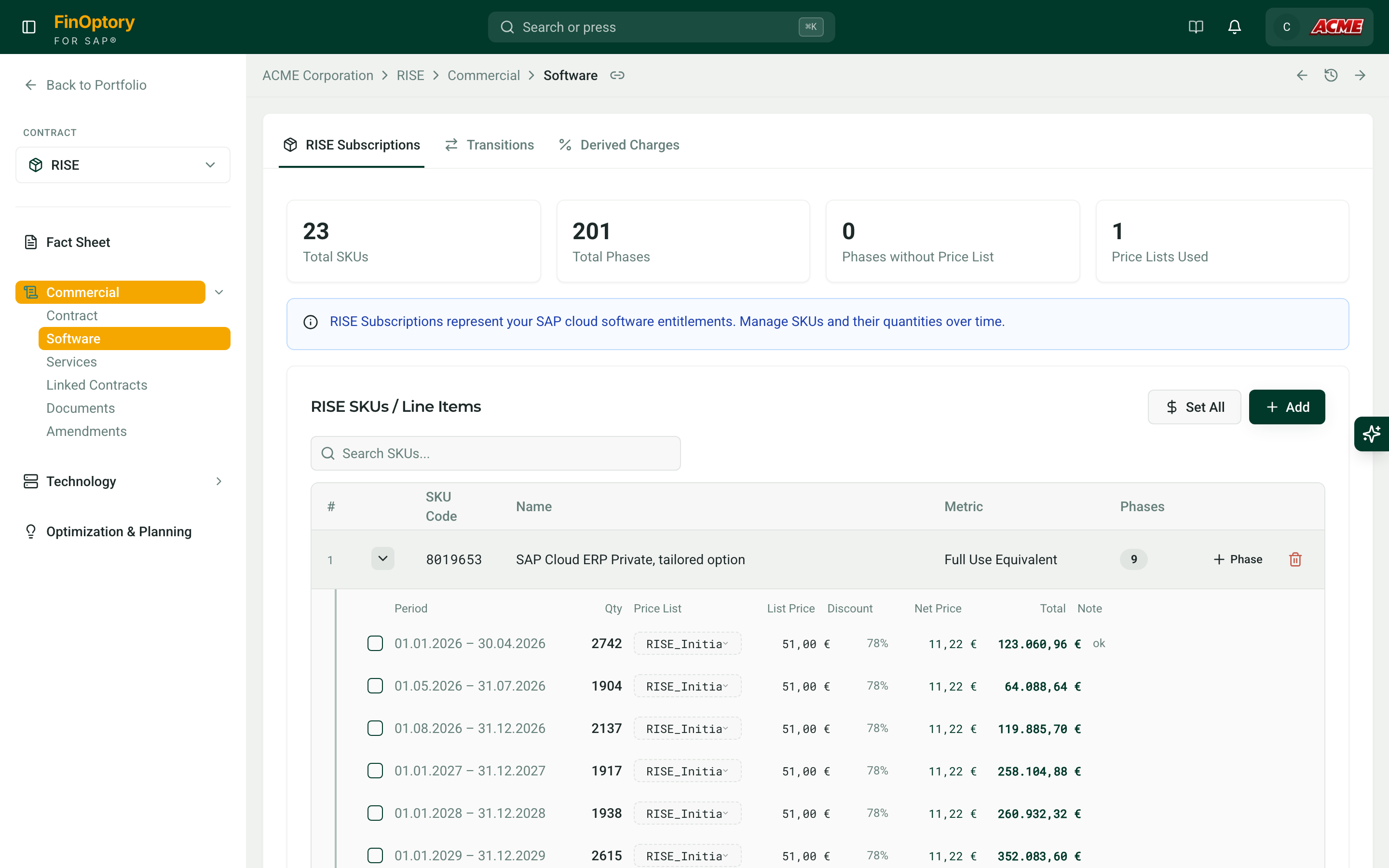 Software/SKUs Screenshot